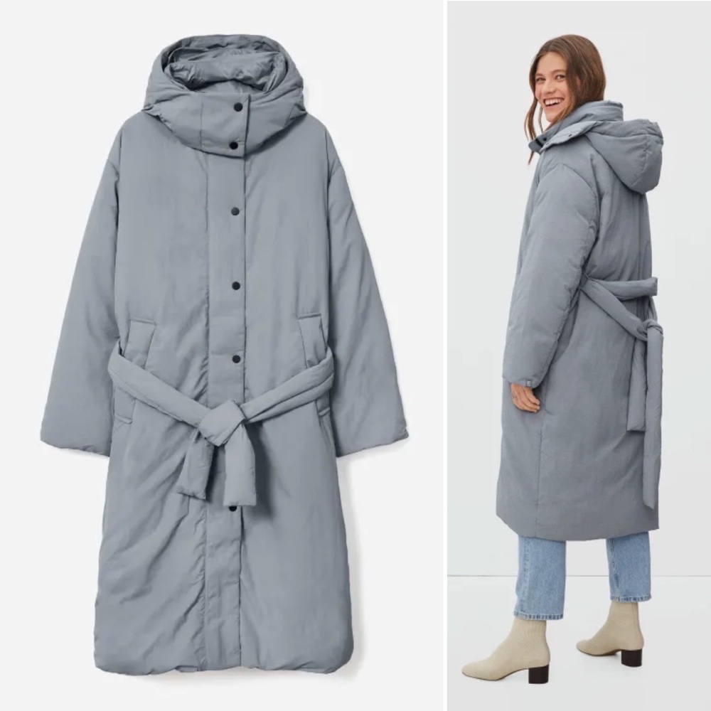EVERLANE The Duvet Puffer in Smoke Purple Gray Long Hood Belt Size Small NEW